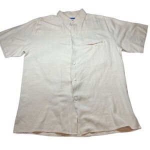 LINEA DOME 100% Silk Short Sleeve Casual Camp Button‎ Up Shirt Ivory Size Medium